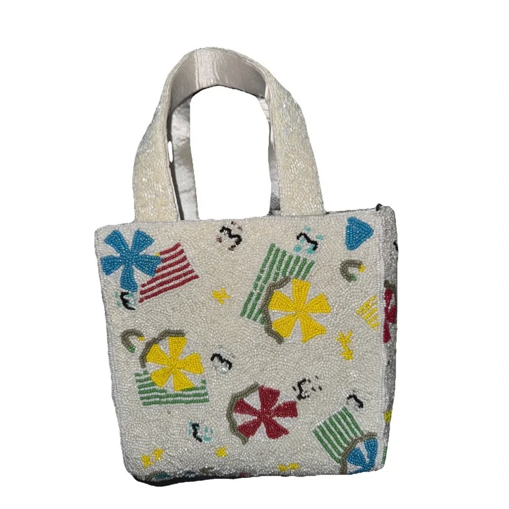White Beaded Beach‎ Theme Mini Tote Bag Summer Umbrella Crossbody Handbag